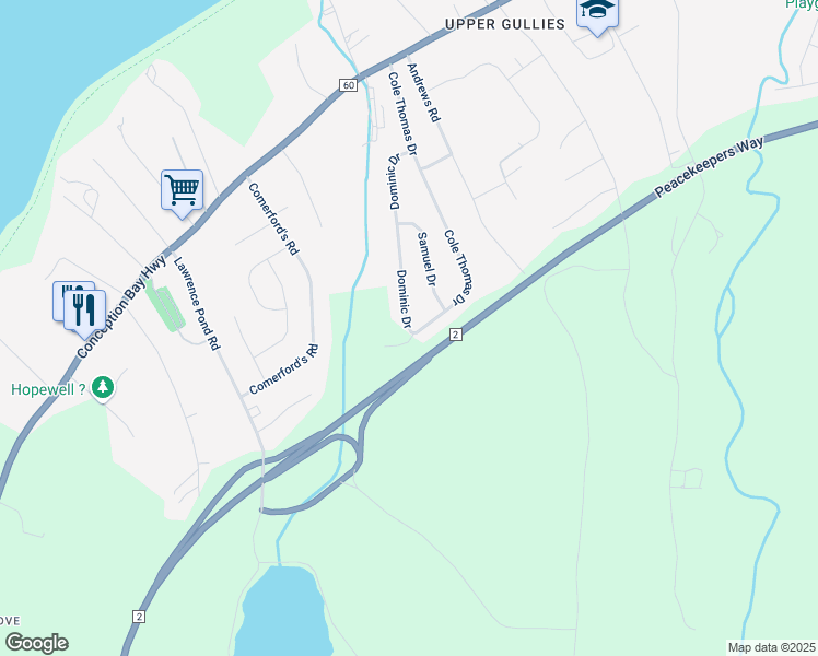 map of restaurants, bars, coffee shops, grocery stores, and more near 123 Cole Thomas Drive in Conception Bay South