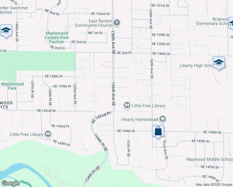 map of restaurants, bars, coffee shops, grocery stores, and more near 14004 156th Avenue Southeast in Renton