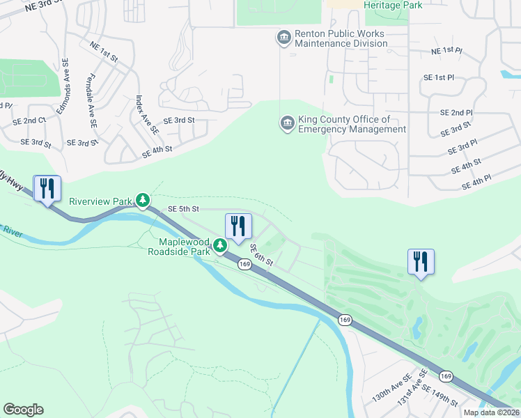 map of restaurants, bars, coffee shops, grocery stores, and more near 3340 Southeast 5th Street in Renton