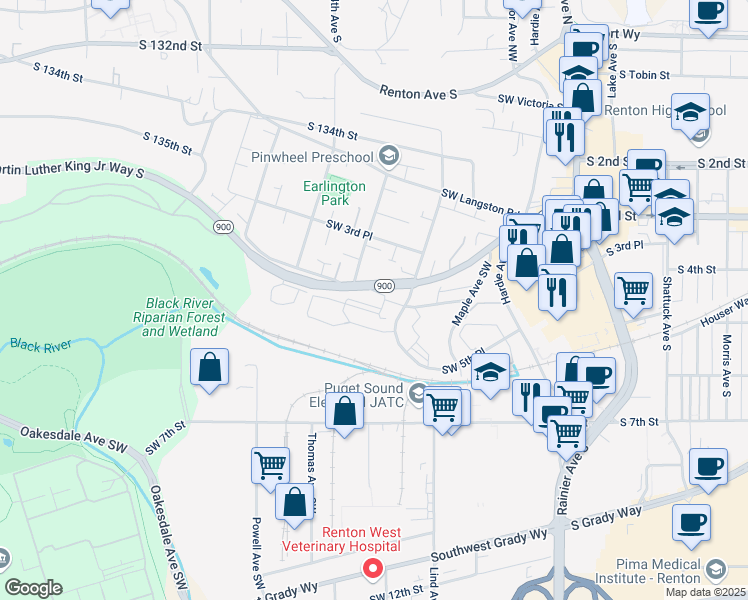 map of restaurants, bars, coffee shops, grocery stores, and more near 620 Washington 900 in Renton
