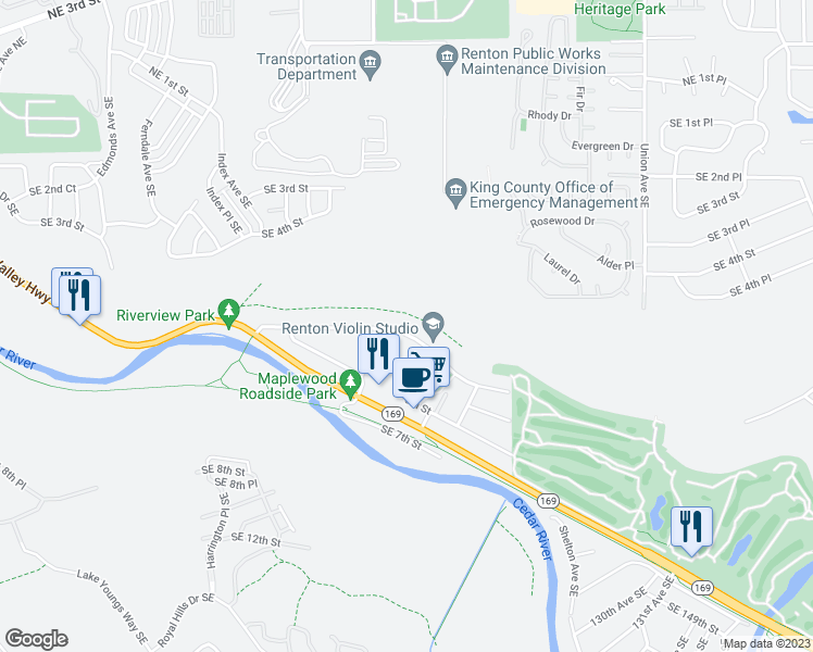 map of restaurants, bars, coffee shops, grocery stores, and more near 3340 Southeast 5th Street in Renton