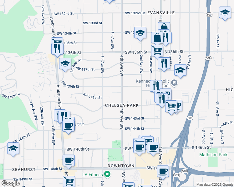 map of restaurants, bars, coffee shops, grocery stores, and more near 415 Southwest 139th Street in Burien