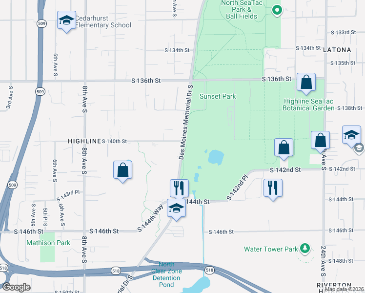 map of restaurants, bars, coffee shops, grocery stores, and more near 13851 Des Moines Memorial Drive South in Burien