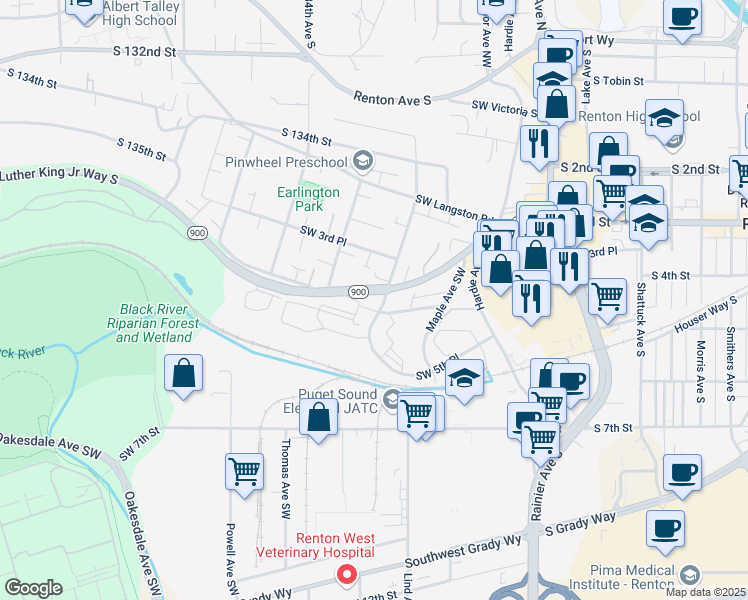 map of restaurants, bars, coffee shops, grocery stores, and more near 510 Stevens Avenue Southwest in Renton