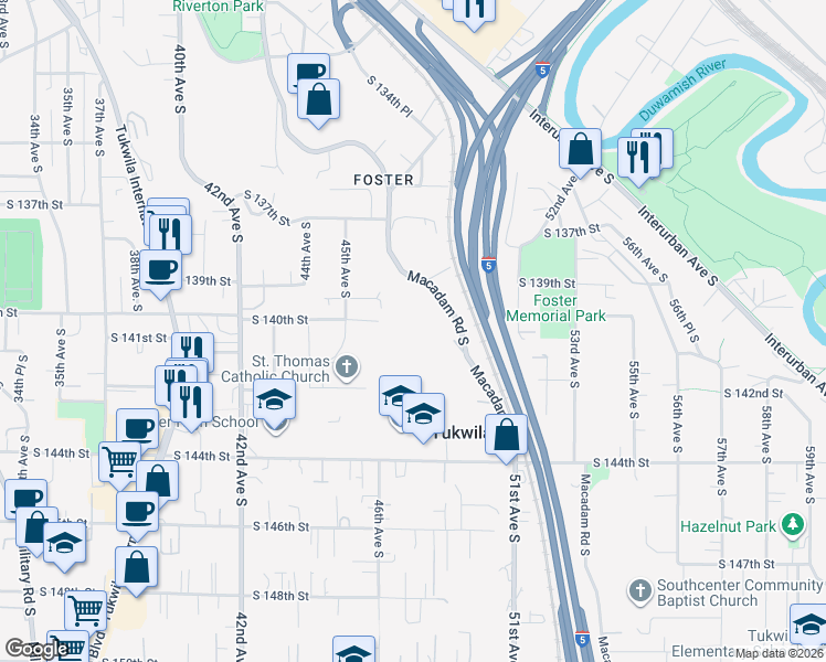 map of restaurants, bars, coffee shops, grocery stores, and more near 4627 South 140th Street in Tukwila