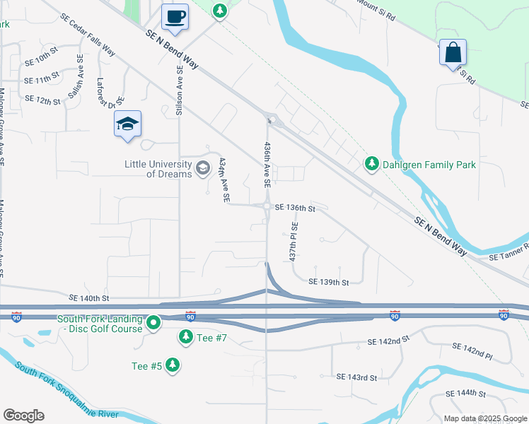 map of restaurants, bars, coffee shops, grocery stores, and more near 43607 Southeast 136th Street in North Bend
