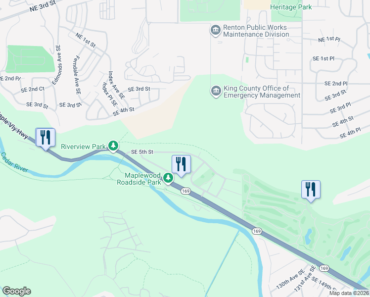 map of restaurants, bars, coffee shops, grocery stores, and more near 3232 Southeast 5th Street in Renton
