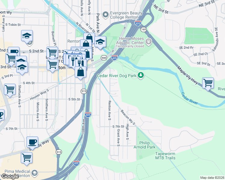 map of restaurants, bars, coffee shops, grocery stores, and more near 343 Renton Avenue South in Renton