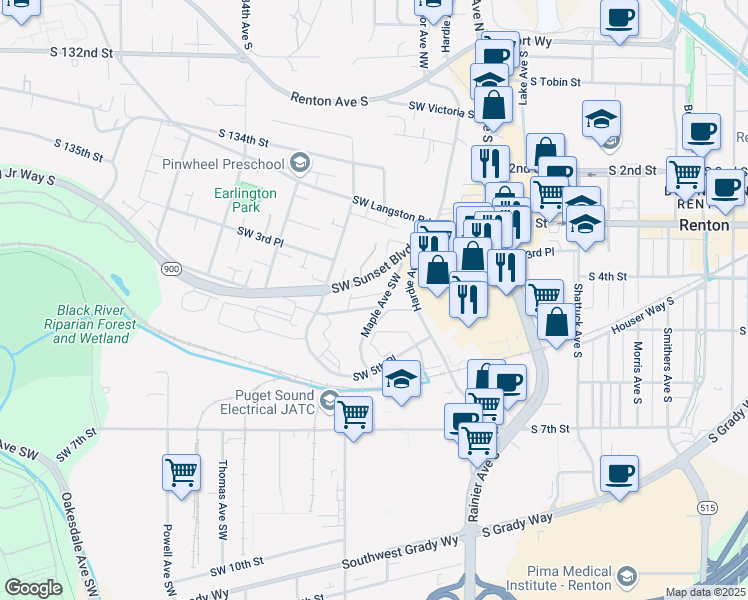 map of restaurants, bars, coffee shops, grocery stores, and more near 425 Maple Avenue Southwest in Renton