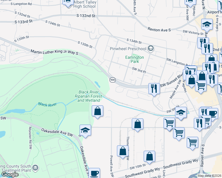 map of restaurants, bars, coffee shops, grocery stores, and more near 60 Southwest 5th Court in Renton