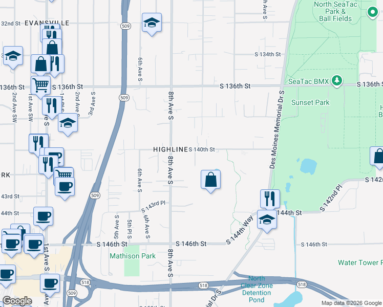 map of restaurants, bars, coffee shops, grocery stores, and more near 825 South 140th Street in Burien