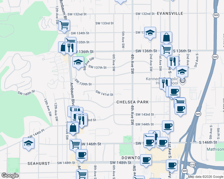 map of restaurants, bars, coffee shops, grocery stores, and more near 515 Southwest 139th Street in Burien