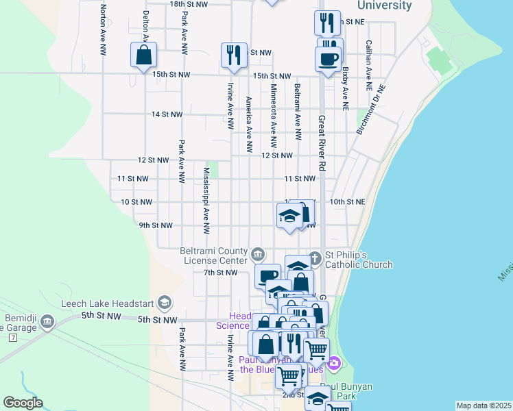 map of restaurants, bars, coffee shops, grocery stores, and more near 1008 America Avenue Northwest in Bemidji