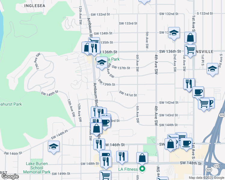 map of restaurants, bars, coffee shops, grocery stores, and more near 818 Southwest 141st Street in Burien