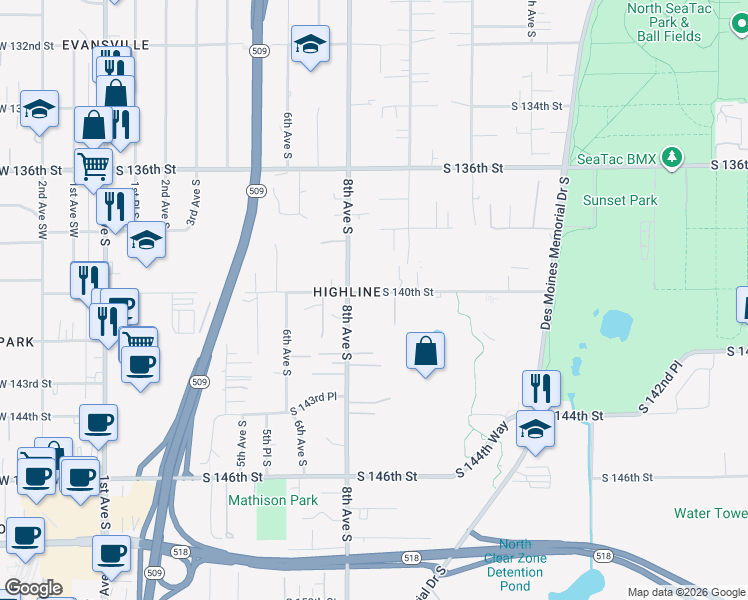 map of restaurants, bars, coffee shops, grocery stores, and more near 825 South 140th Street in Burien