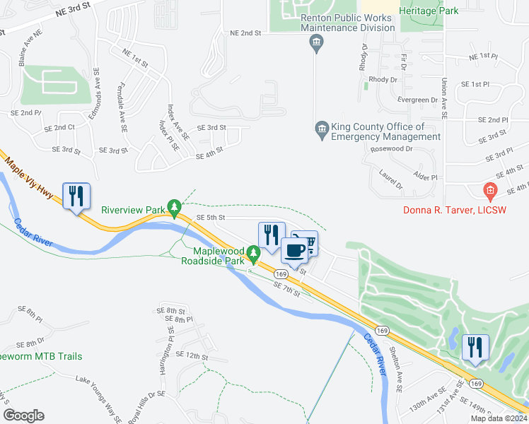 map of restaurants, bars, coffee shops, grocery stores, and more near 3232 Southeast 5th Street in Renton