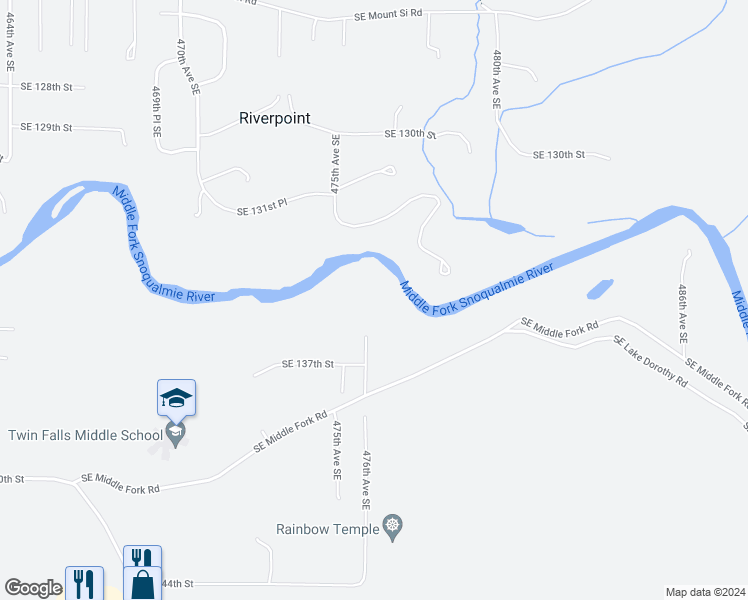 map of restaurants, bars, coffee shops, grocery stores, and more near 13526 476th Avenue Southeast in North Bend