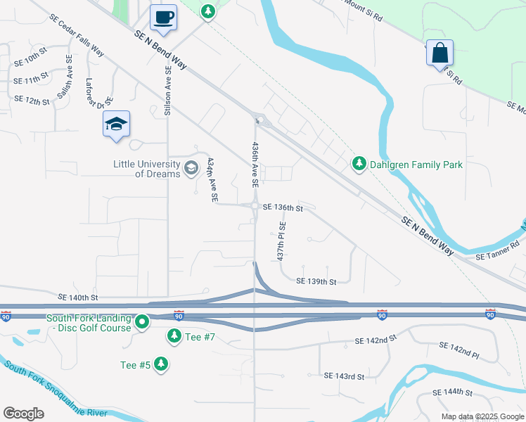 map of restaurants, bars, coffee shops, grocery stores, and more near 43607 Southeast 136th Street in North Bend
