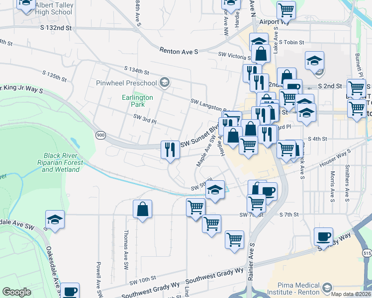 map of restaurants, bars, coffee shops, grocery stores, and more near 420 Washington 900 in Renton