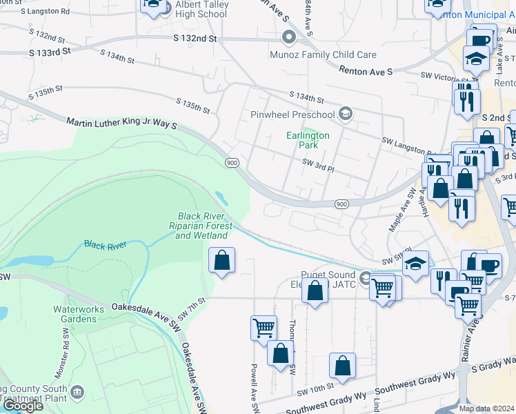map of restaurants, bars, coffee shops, grocery stores, and more near 60 Southwest 5th Court in Renton