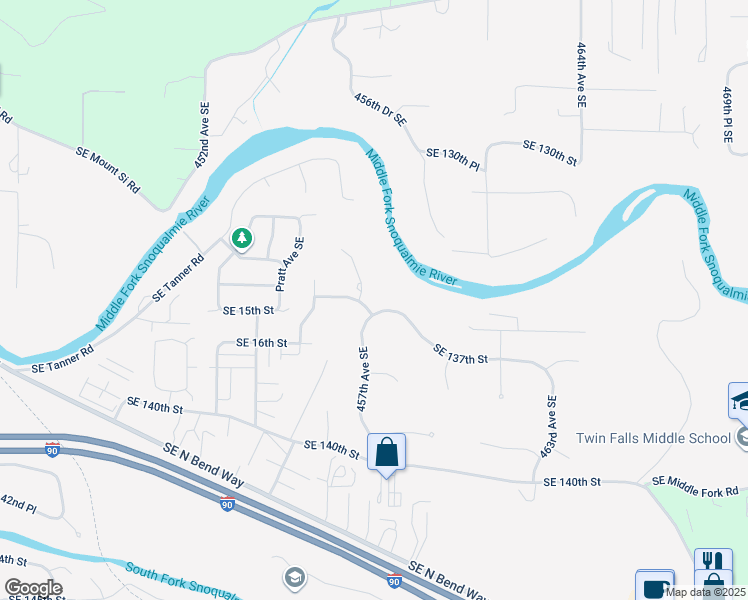 map of restaurants, bars, coffee shops, grocery stores, and more near 45804 Southeast 137th Street in North Bend