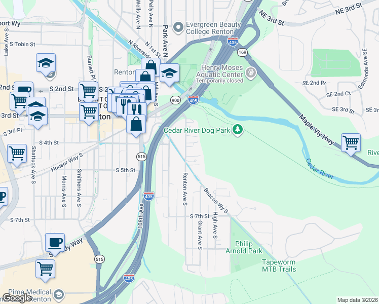 map of restaurants, bars, coffee shops, grocery stores, and more near 416 Renton Avenue South in Renton