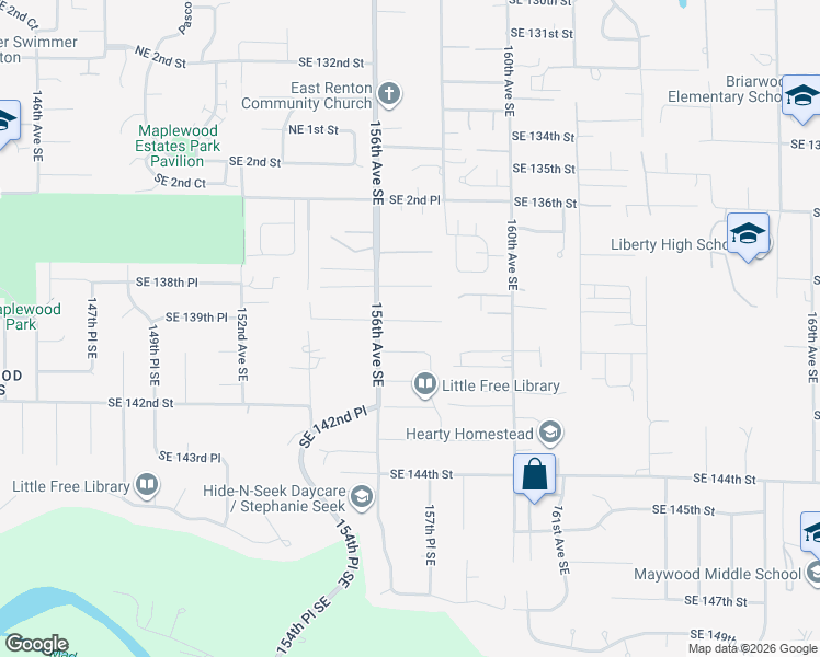 map of restaurants, bars, coffee shops, grocery stores, and more near 6512 Southeast 5th Place in Renton
