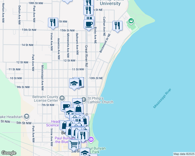 map of restaurants, bars, coffee shops, grocery stores, and more near 1000 Dewey Avenue Northeast in Bemidji
