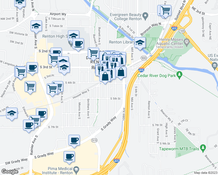 map of restaurants, bars, coffee shops, grocery stores, and more near 410 Williams Avenue South in Renton