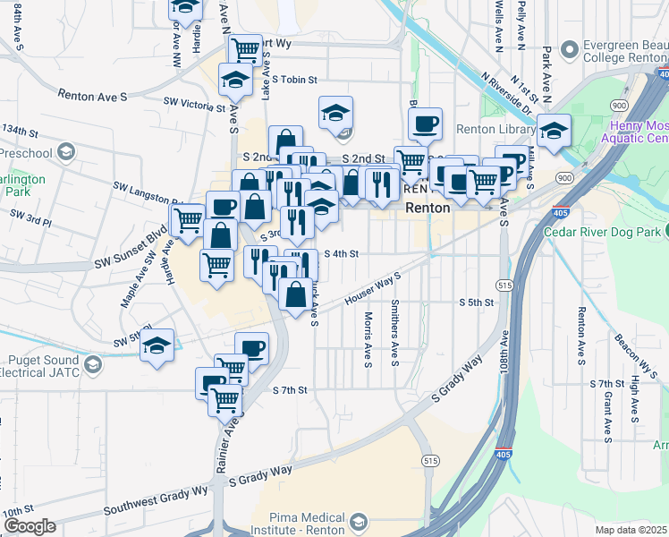 map of restaurants, bars, coffee shops, grocery stores, and more near 407 Whitworth Avenue South in Renton