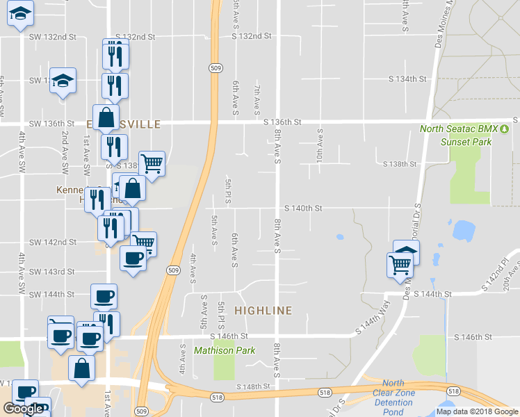map of restaurants, bars, coffee shops, grocery stores, and more near South 140th Street in Burien