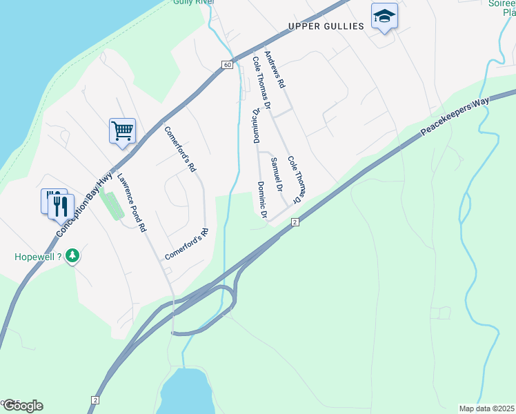 map of restaurants, bars, coffee shops, grocery stores, and more near 60 Dominic Drive in Conception Bay South