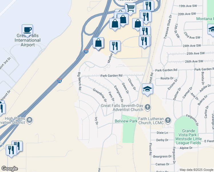 map of restaurants, bars, coffee shops, grocery stores, and more near 2733 Fern Drive in Great Falls