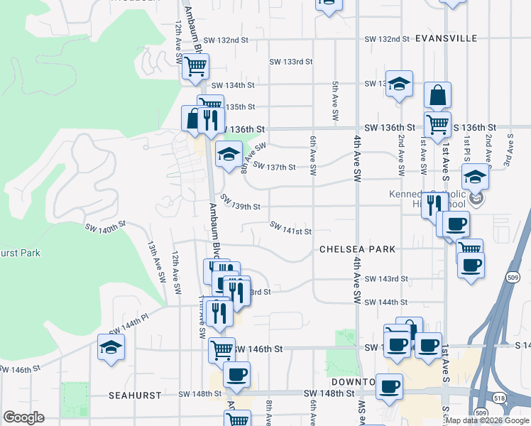 map of restaurants, bars, coffee shops, grocery stores, and more near 803 Southwest 139th Street in Burien