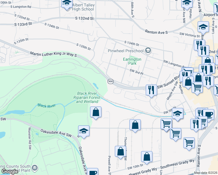 map of restaurants, bars, coffee shops, grocery stores, and more near 60 Southwest 5th Court in Renton
