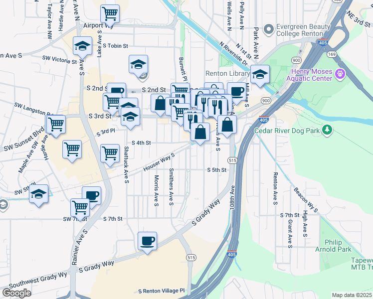 map of restaurants, bars, coffee shops, grocery stores, and more near 502 Burnett Avenue South in Renton