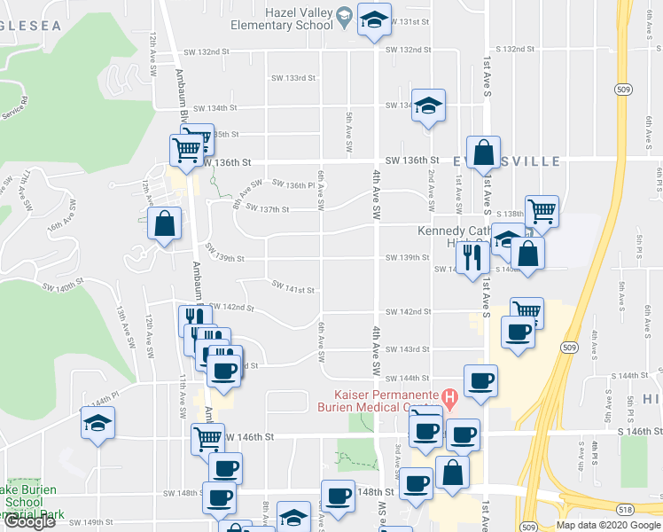 map of restaurants, bars, coffee shops, grocery stores, and more near 515 Southwest 139th Street in Burien