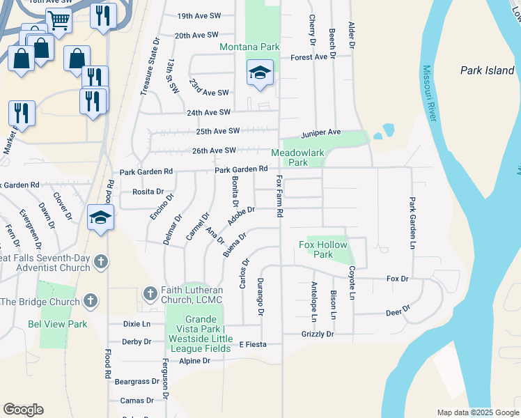 map of restaurants, bars, coffee shops, grocery stores, and more near 927 Adobe Drive in Great Falls