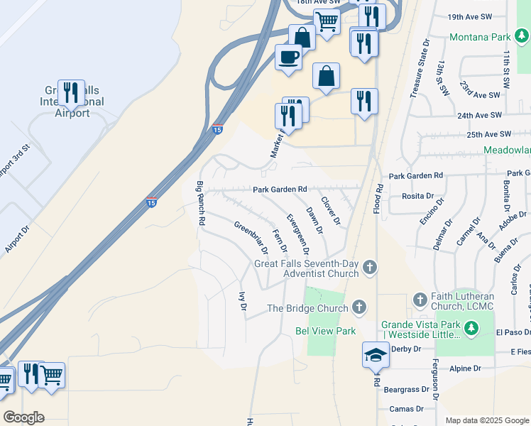 map of restaurants, bars, coffee shops, grocery stores, and more near 2733 Fern Drive in Great Falls