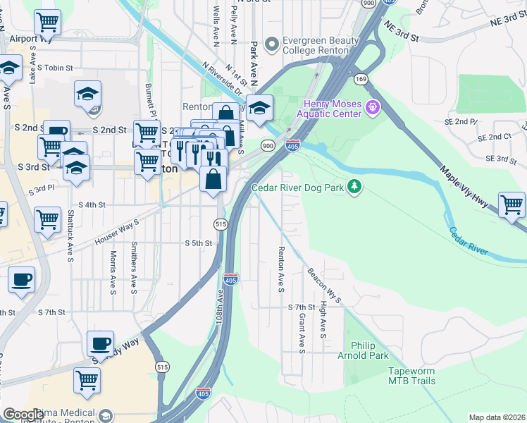 map of restaurants, bars, coffee shops, grocery stores, and more near 1111 South 4th Street in Renton