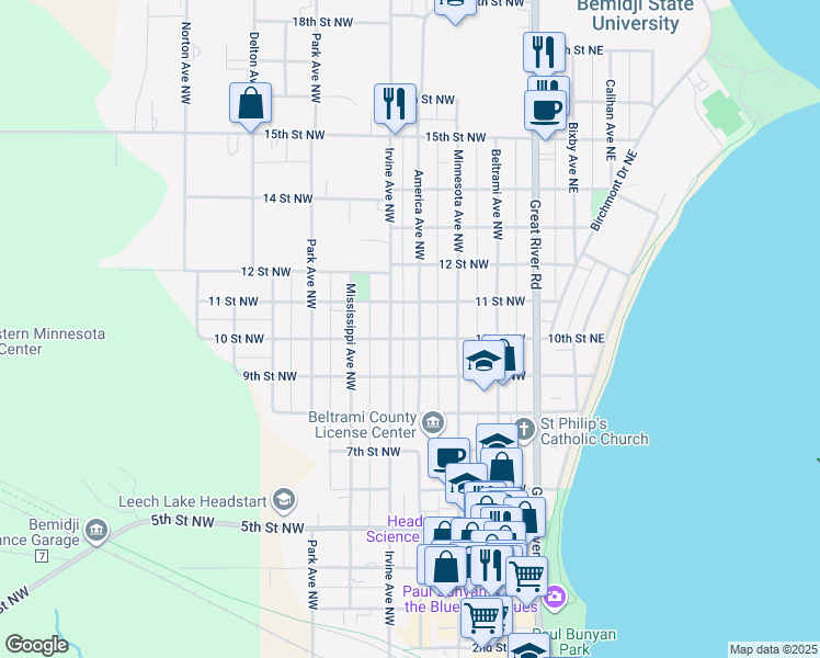map of restaurants, bars, coffee shops, grocery stores, and more near 1008 America Avenue Northwest in Bemidji