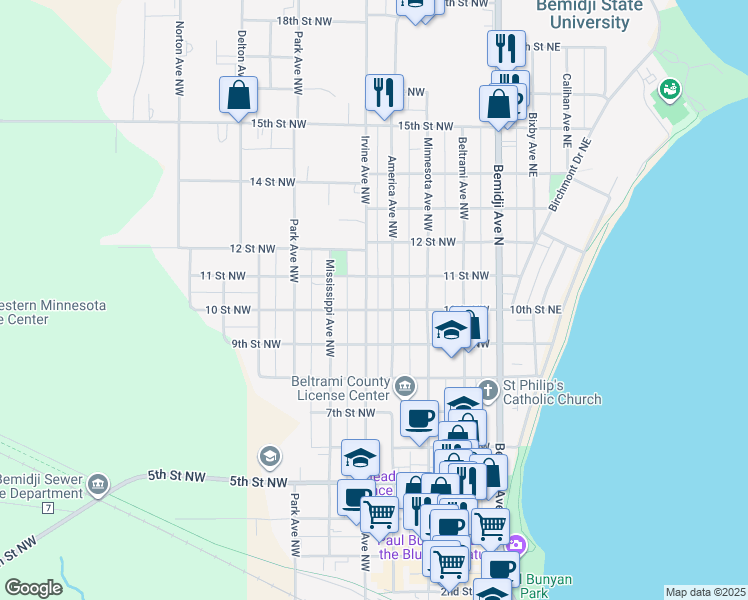 map of restaurants, bars, coffee shops, grocery stores, and more near 1007 Irvine Avenue Northwest in Bemidji