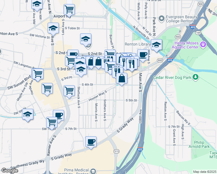 map of restaurants, bars, coffee shops, grocery stores, and more near 416 Williams Avenue South in Renton
