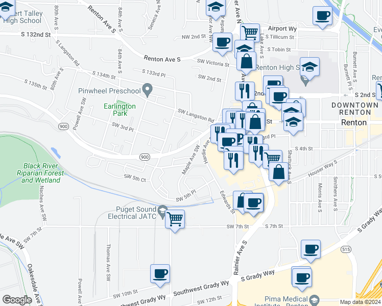 map of restaurants, bars, coffee shops, grocery stores, and more near 425 Maple Avenue Southwest in Renton