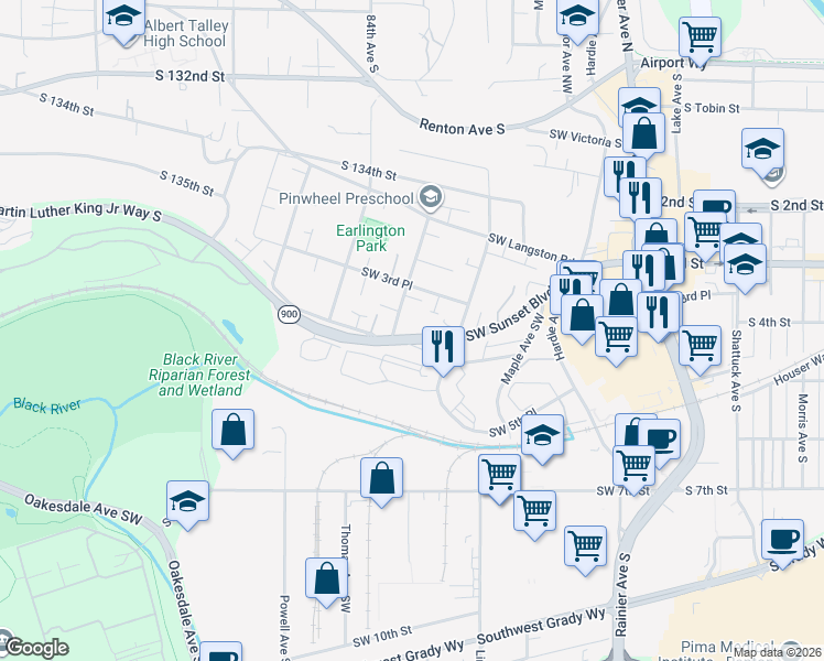 map of restaurants, bars, coffee shops, grocery stores, and more near 620 Washington 900 in Renton