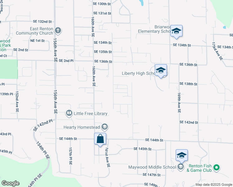 map of restaurants, bars, coffee shops, grocery stores, and more near 16203 Southeast 139th Court in Renton