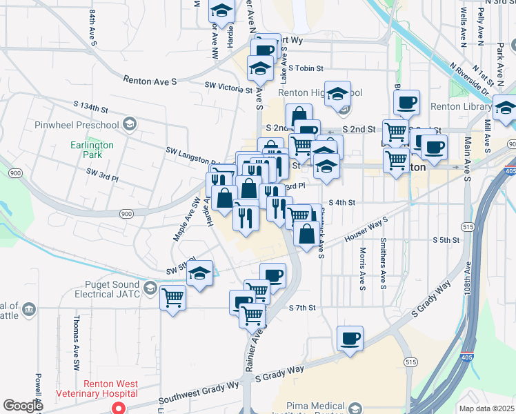 map of restaurants, bars, coffee shops, grocery stores, and more near Renton Center Way in Renton