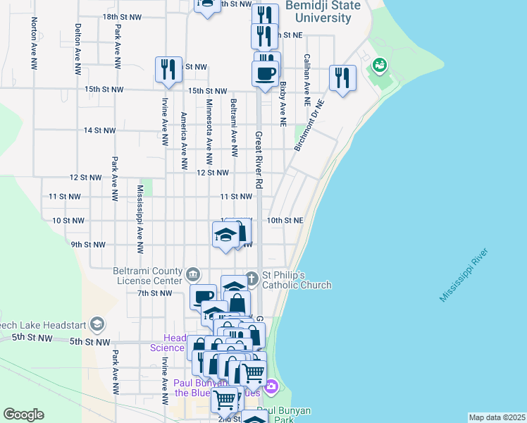 map of restaurants, bars, coffee shops, grocery stores, and more near 1004 Paul Bunyan Drive Southeast in Bemidji