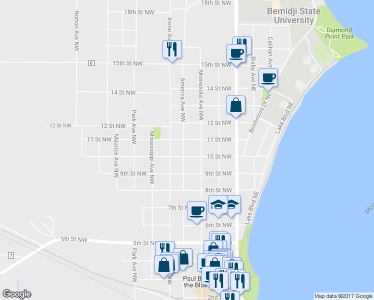 map of restaurants, bars, coffee shops, grocery stores, and more near 1008 America Avenue Northwest in Bemidji