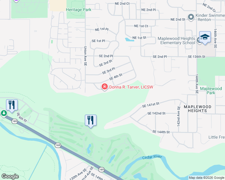 map of restaurants, bars, coffee shops, grocery stores, and more near 4329 Southeast 4th Place in Renton